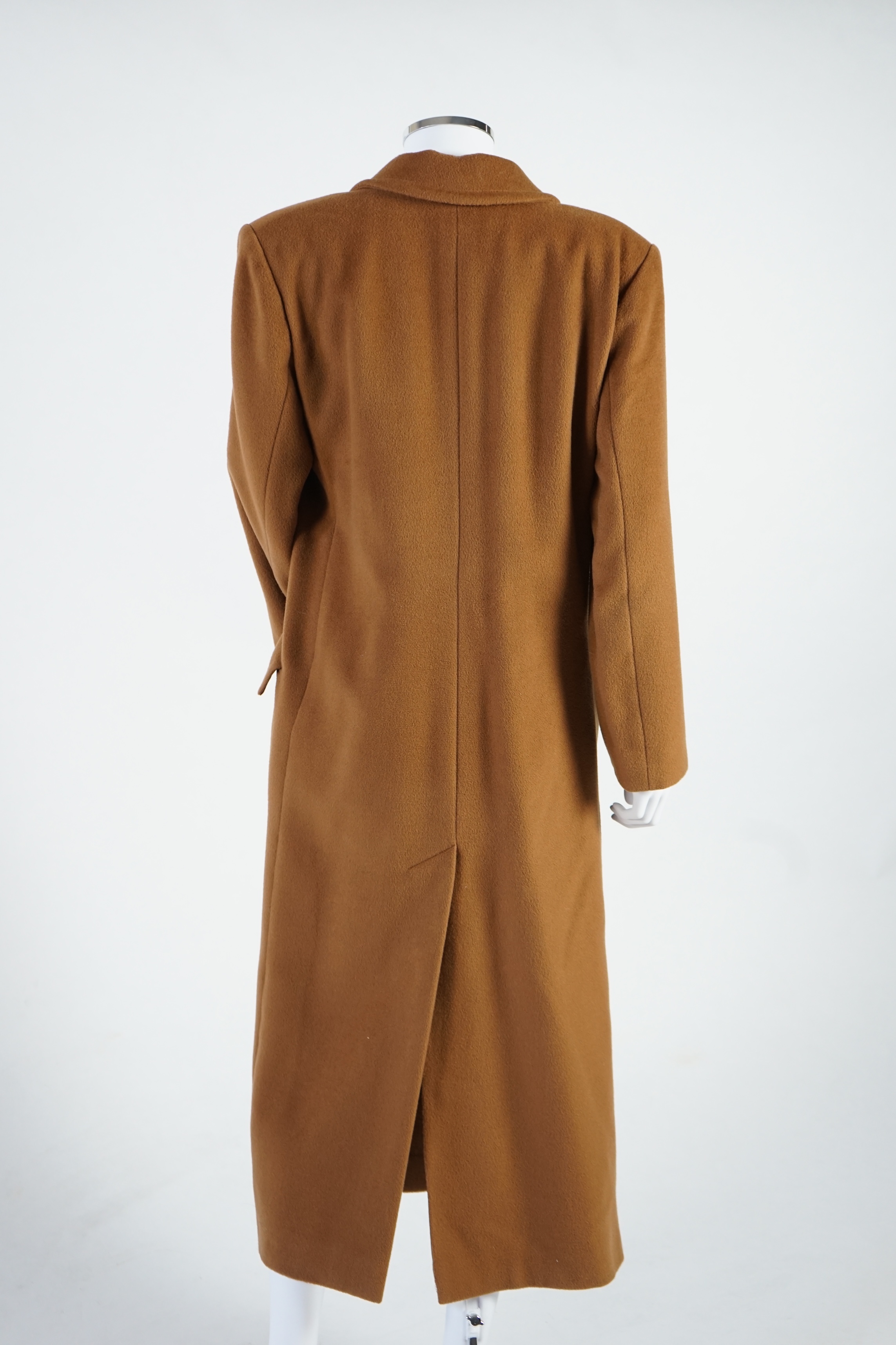 A vintage Yves Saint Laurent variation lady's dark tan double breasted wool long coat, F 40 (UK 12). Proceeds to Happy Paws Puppy Rescue